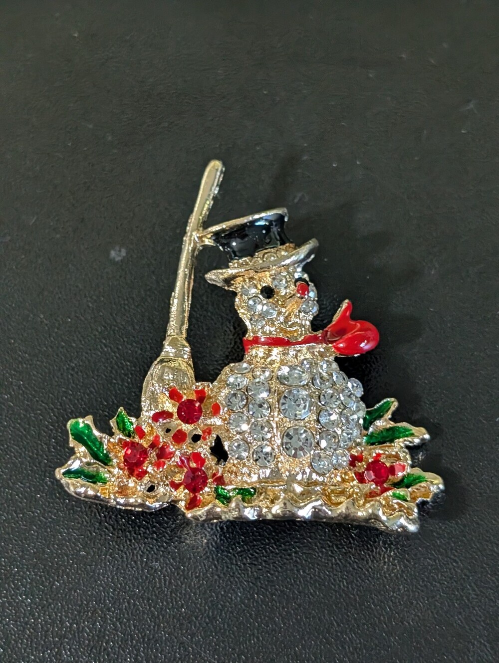 Crystal Snowman Brooch with Red Scarf and Green Accents